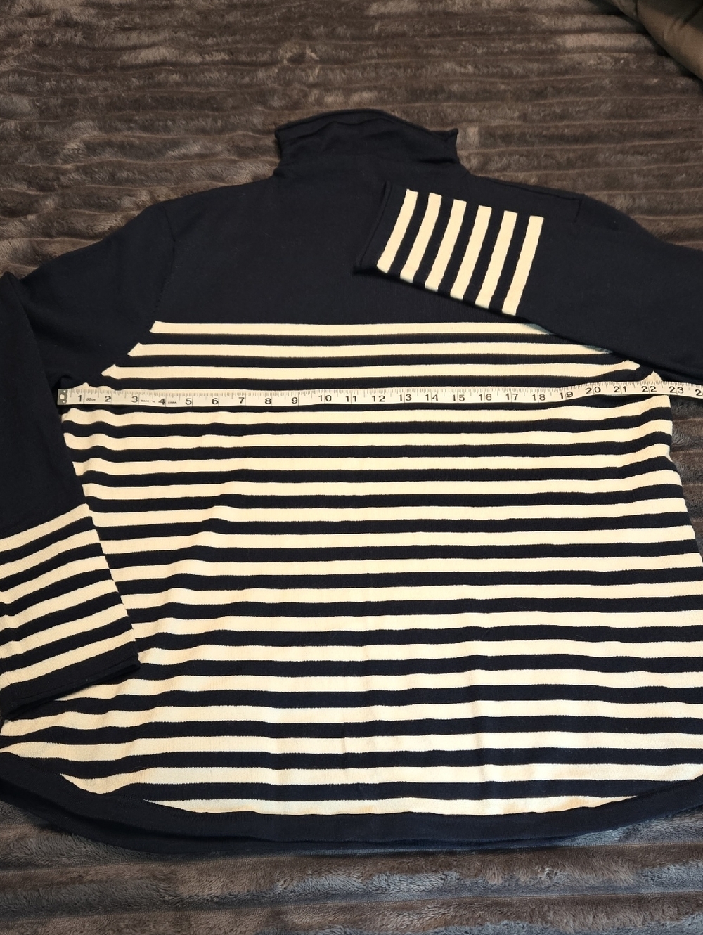 Duluth Trading Co Navy and White Striped Thin Turtleneck Sweater